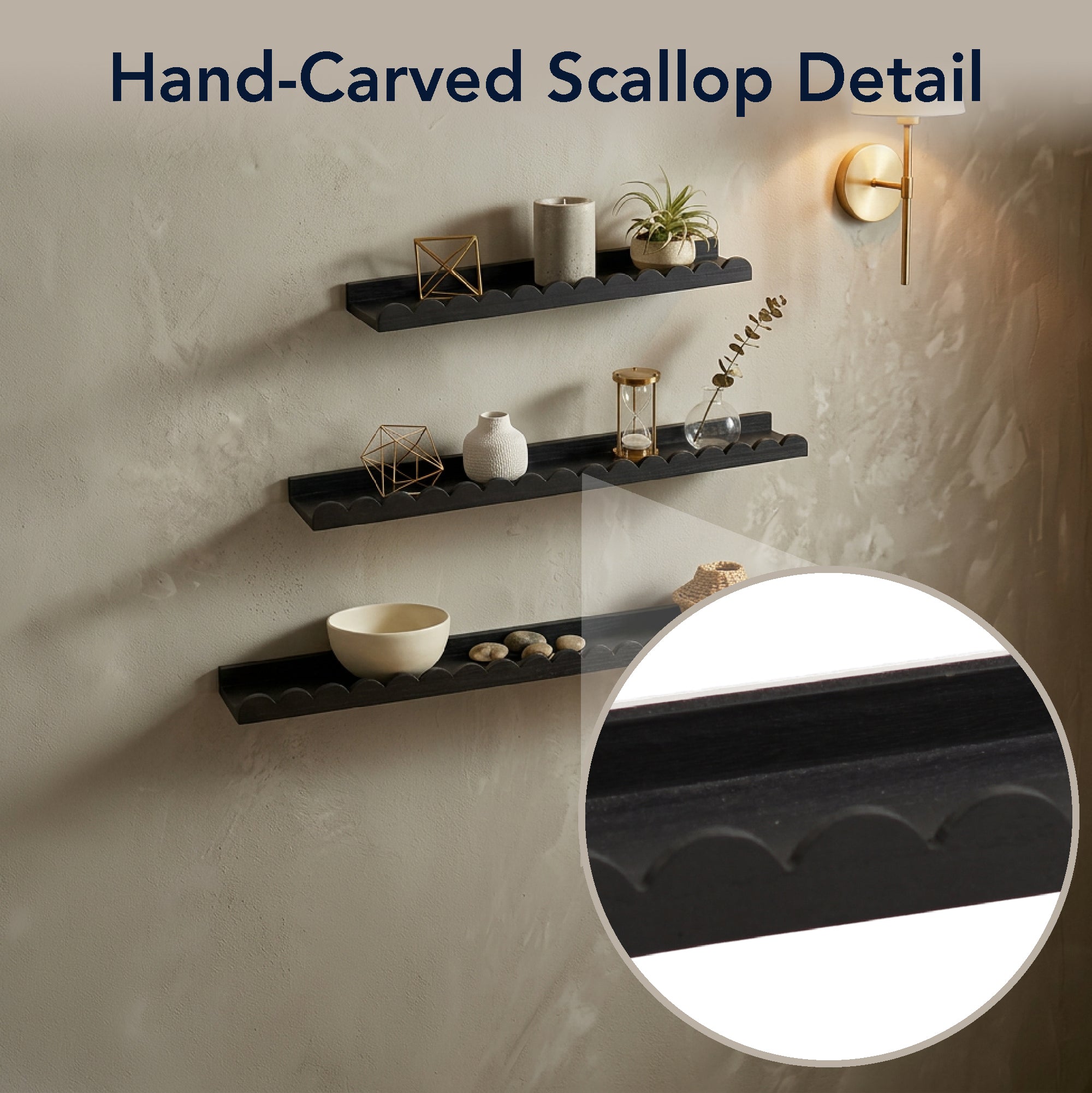 Black Scallop Wood Floating Wall Shelf Set of 3