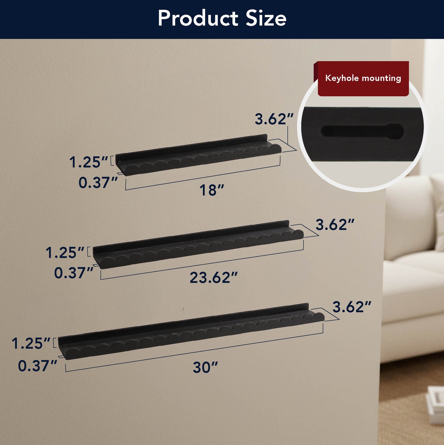 Black Scallop Wood Floating Wall Shelf Set of 3