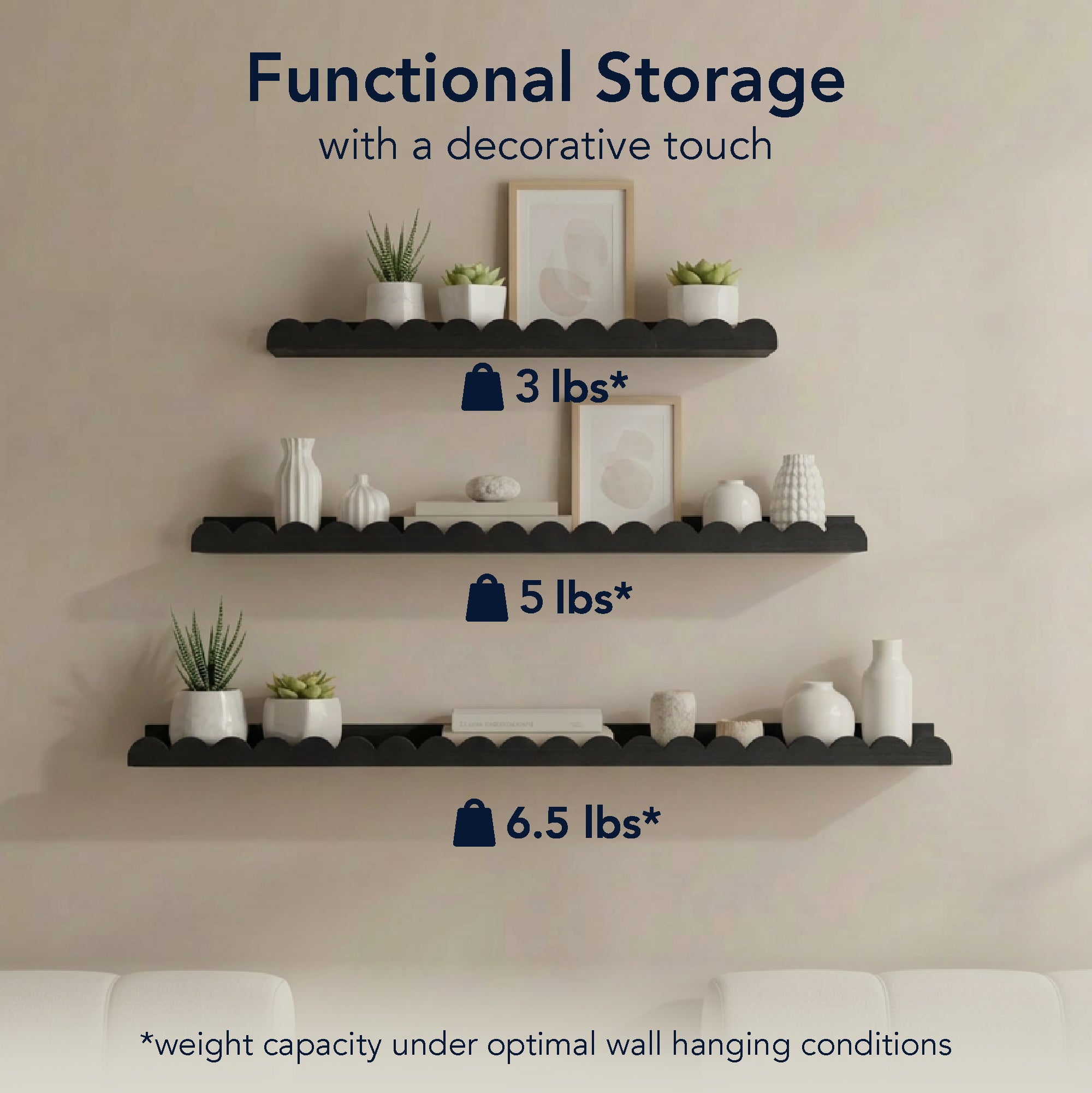 Black Scallop Wood Floating Wall Shelf Set of 3