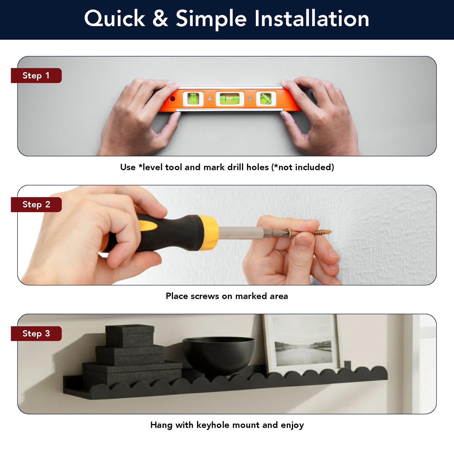 Black Scallop Wood Floating Wall Shelf Set of 3