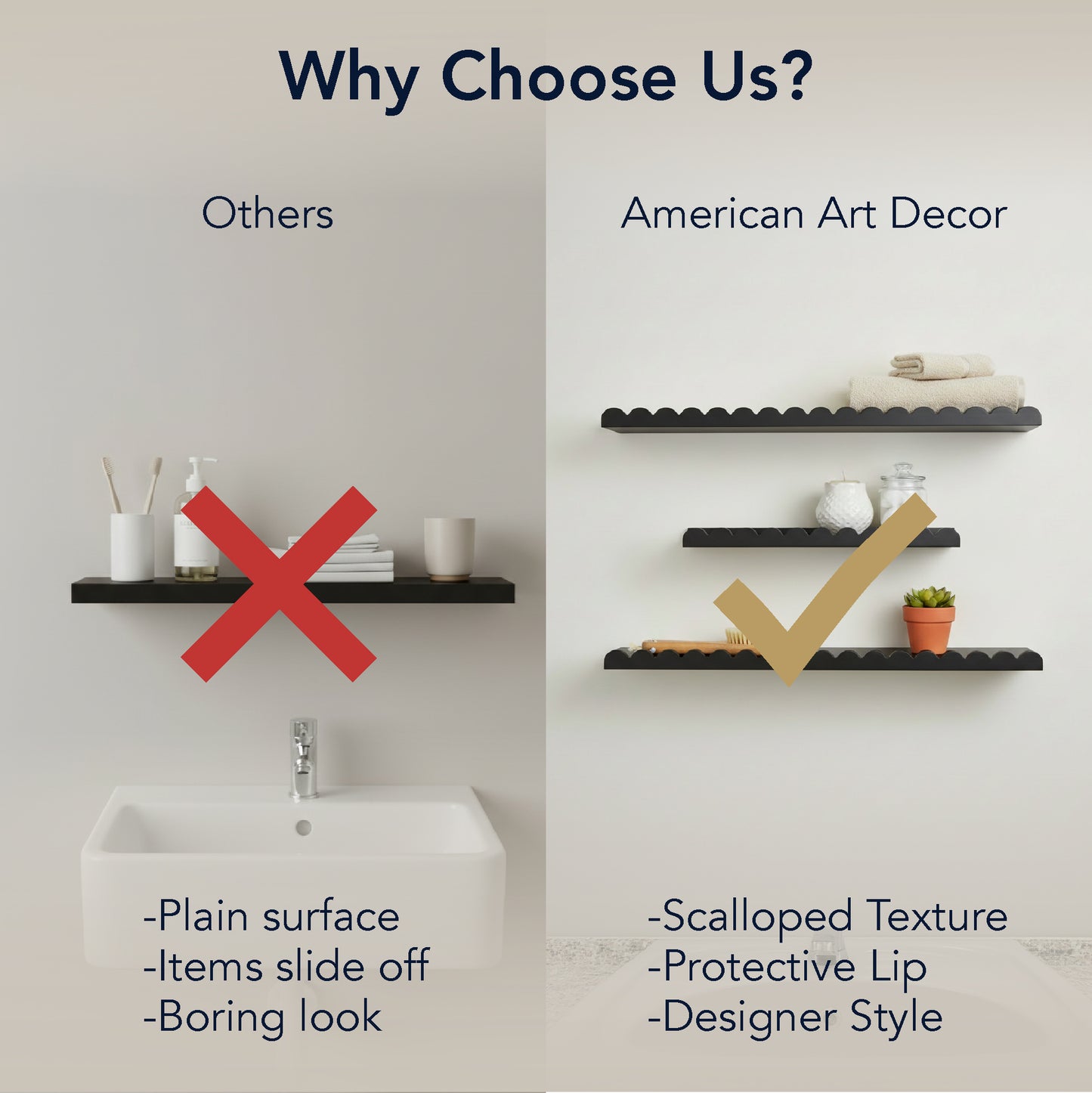 Black Scallop Wood Floating Wall Shelf Set of 3