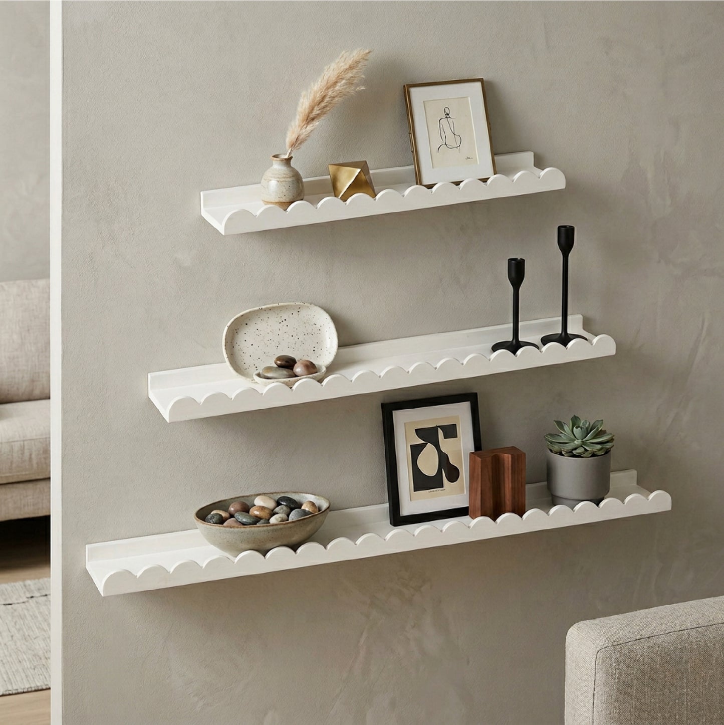 White Scallop Wood Floating Wall Shelf Set of 3