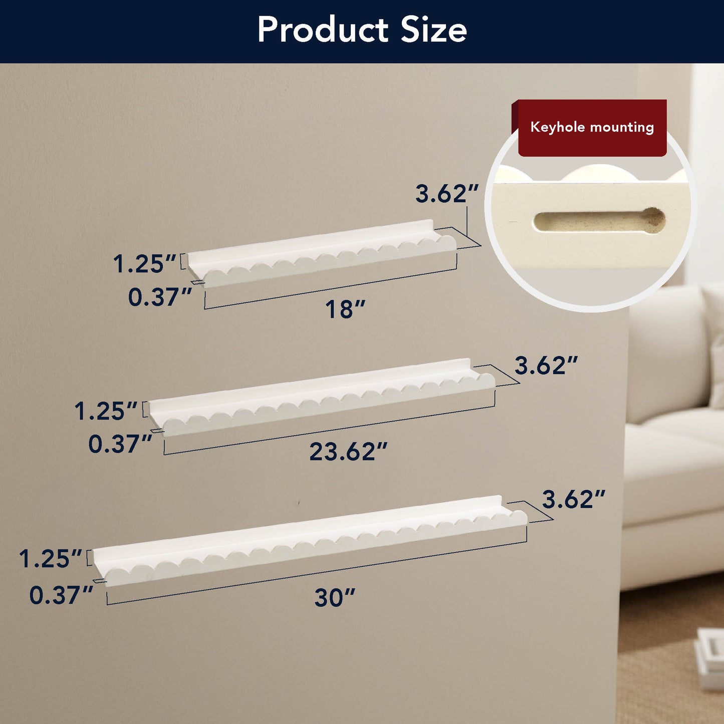 White Scallop Wood Floating Wall Shelf Set of 3