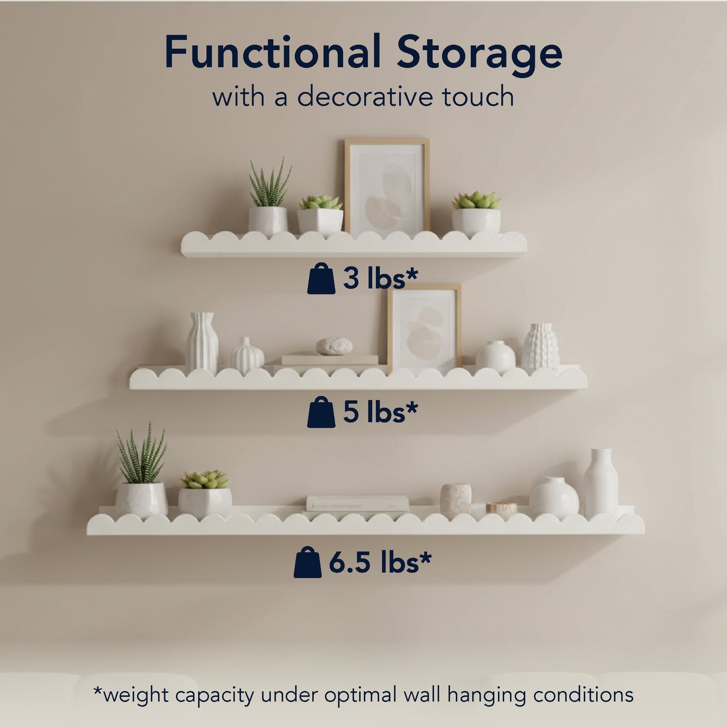 White Scallop Wood Floating Wall Shelf Set of 3