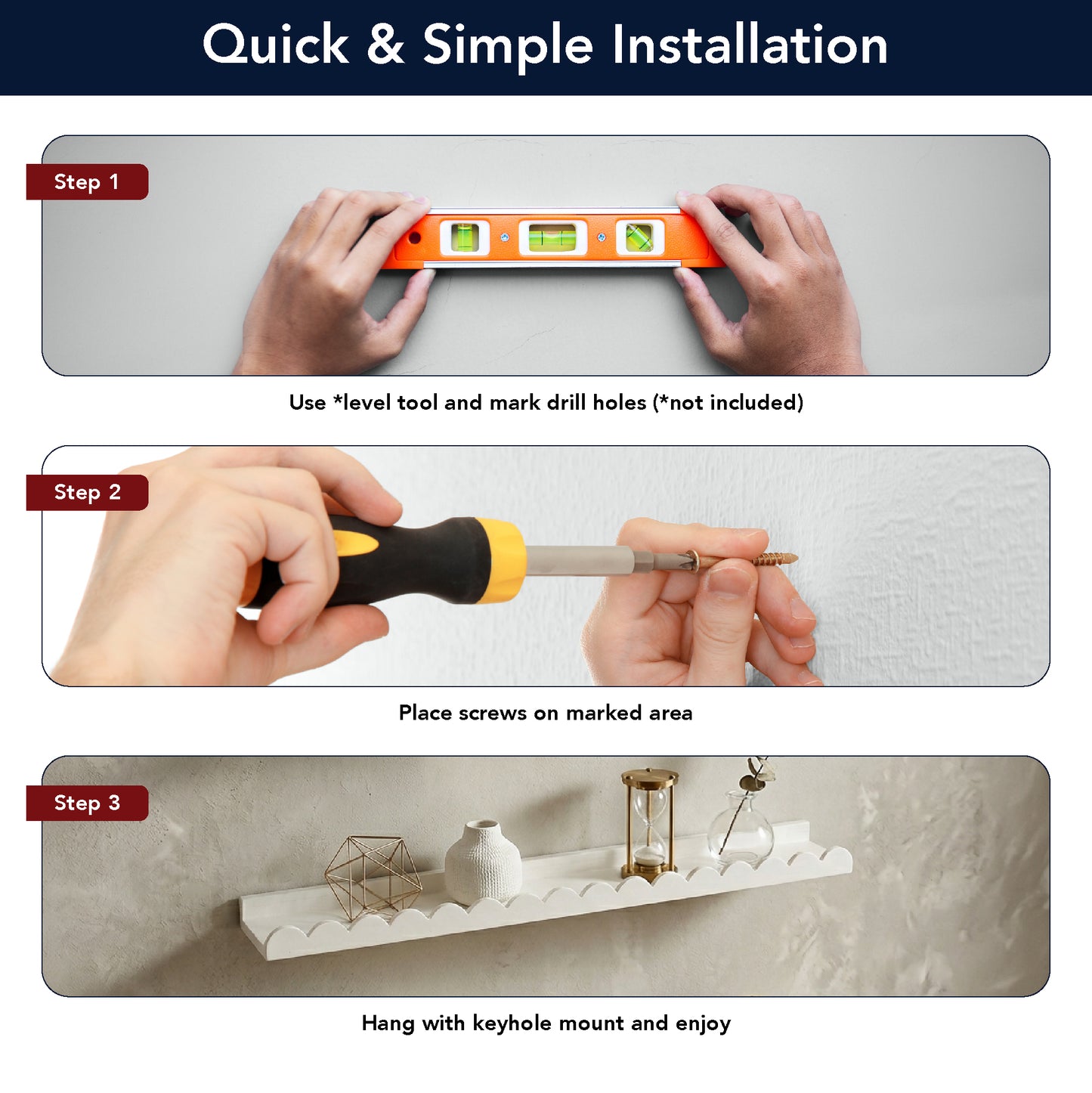 White Scallop Wood Floating Wall Shelf Set of 3