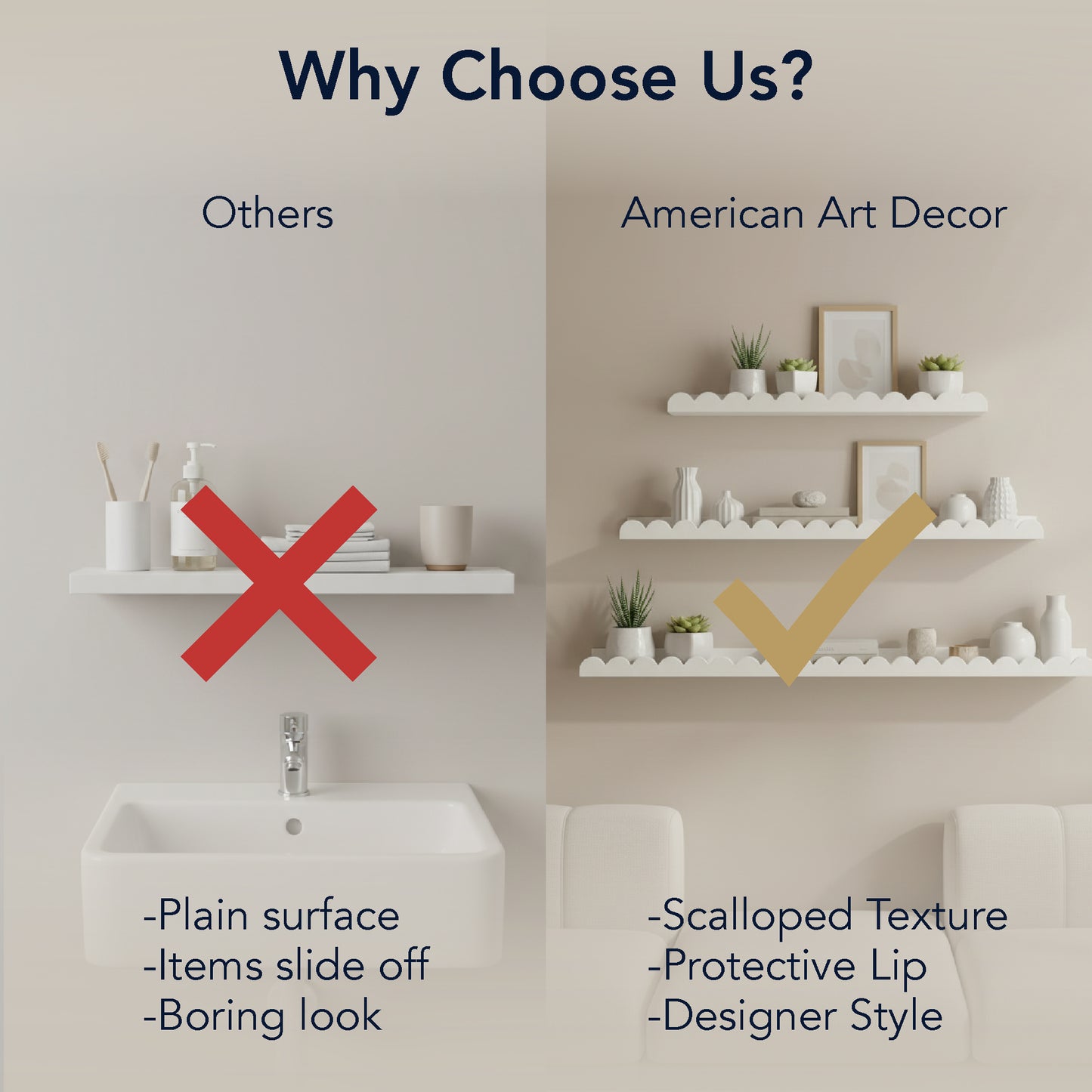 White Scallop Wood Floating Wall Shelf Set of 3