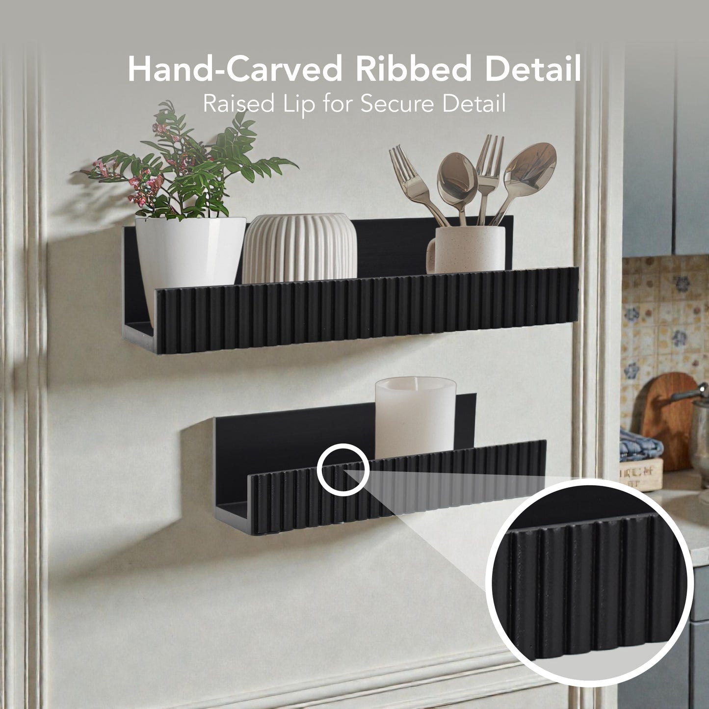 Ribbed 2-Piece Floating Wall Shelf Set, Black Shabby Chic