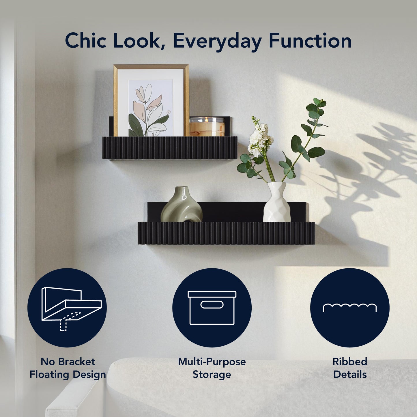 Ribbed 2-Piece Floating Wall Shelf Set, Black Shabby Chic