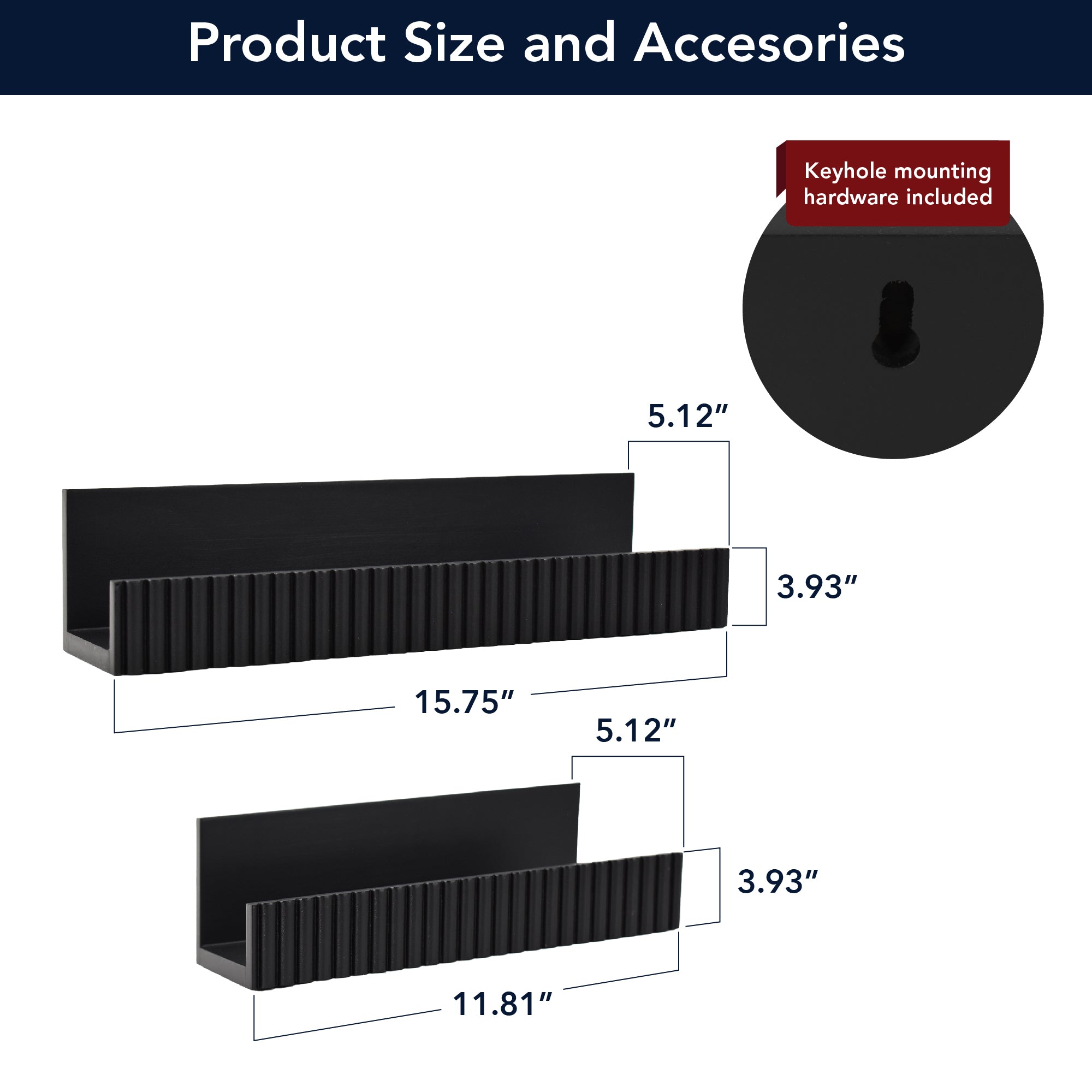 Ribbed 2-Piece Floating Wall Shelf Set, Black Shabby Chic