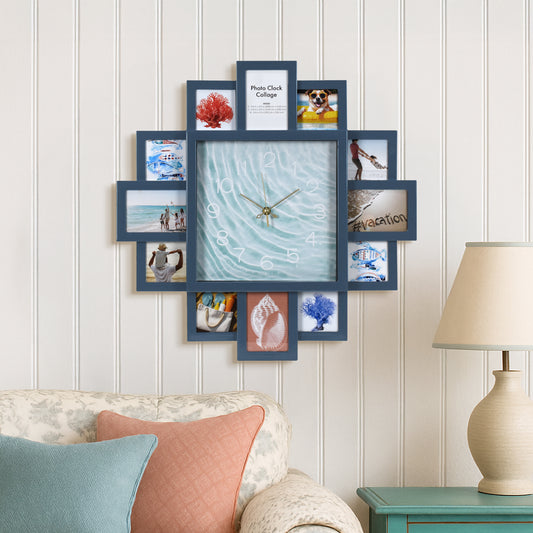 Photo Collage Coastal Blue Wall Clock 20"
