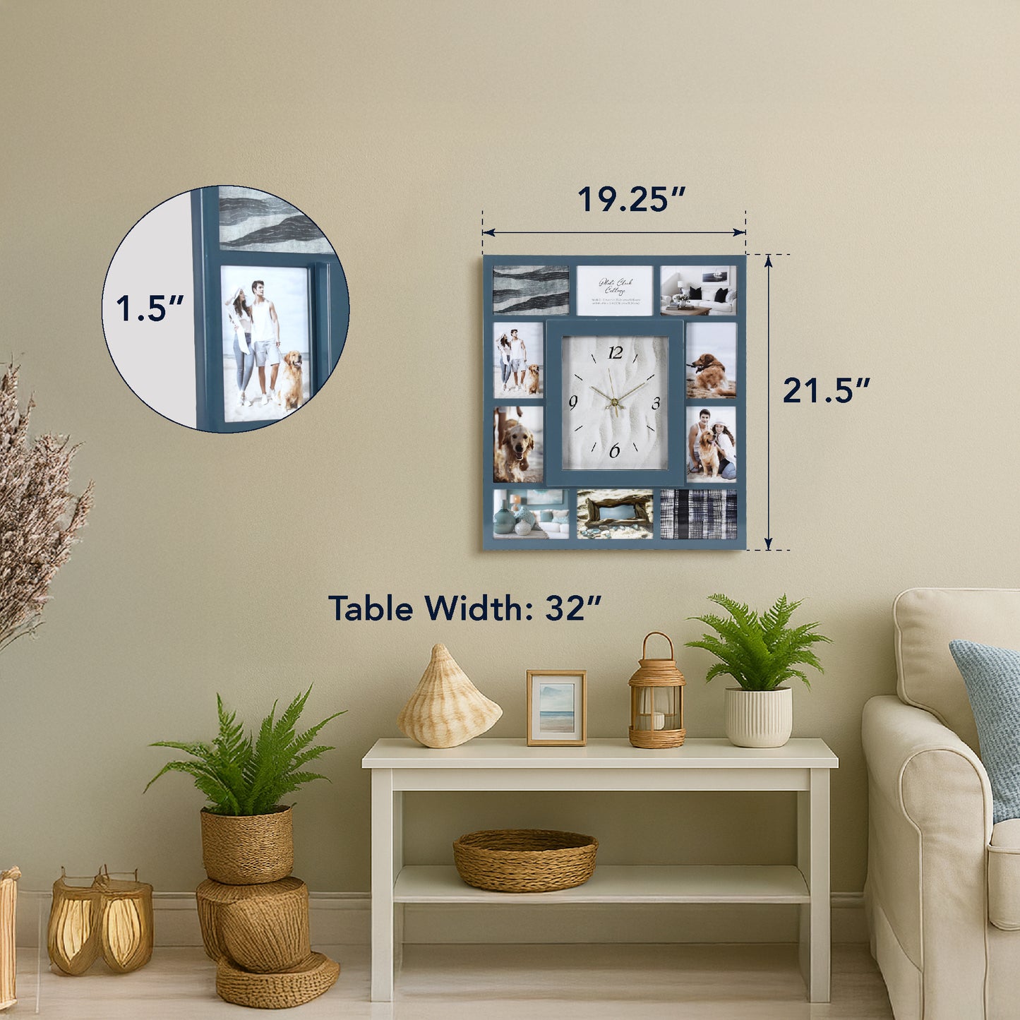 Photo Collage Coastal Blue Wall Clock 21"
