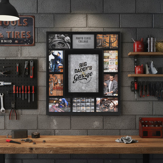 Photo Collage "Big Daddy's Garage" Black Wall Clock 21"