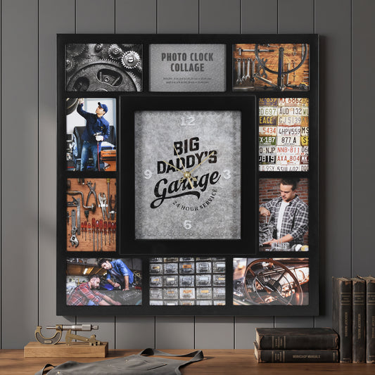 Photo Collage "Big Daddy's Garage" Black Wall Clock 21"