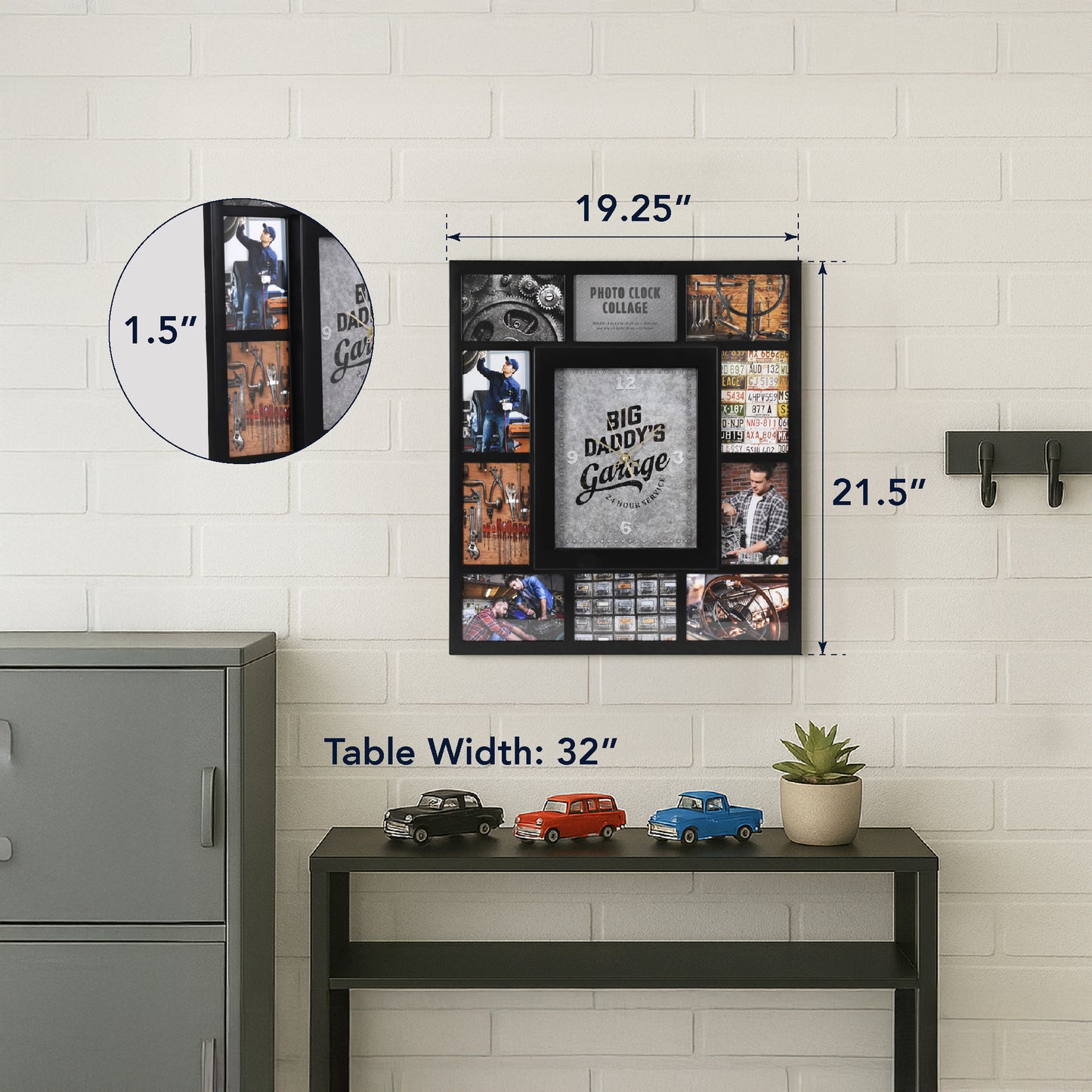Photo Collage "Big Daddy's Garage" Black Wall Clock 21"