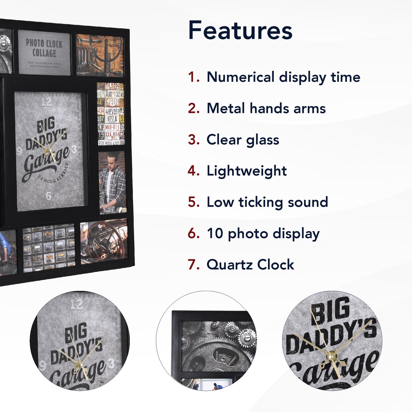 Photo Collage "Big Daddy's Garage" Black Wall Clock 21"