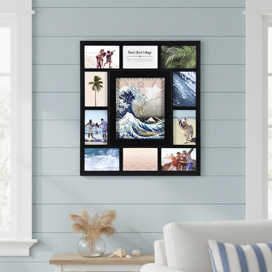 Photo Collage "The Great Wave" Black Wall Clock 21"