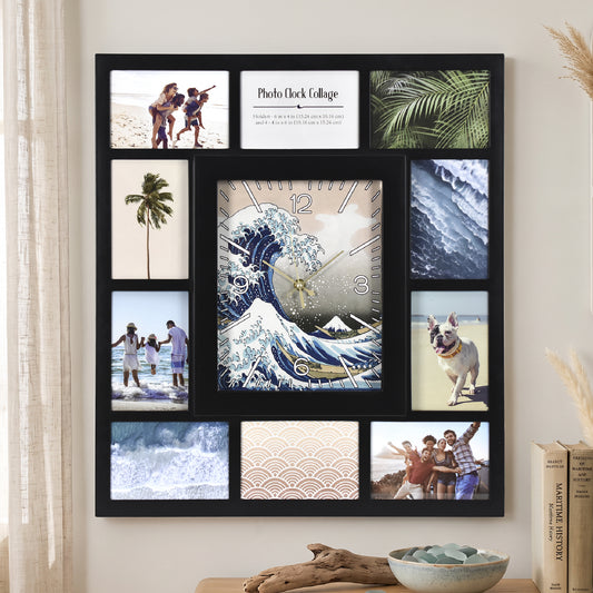 Photo Collage "The Great Wave" Black Wall Clock 21"