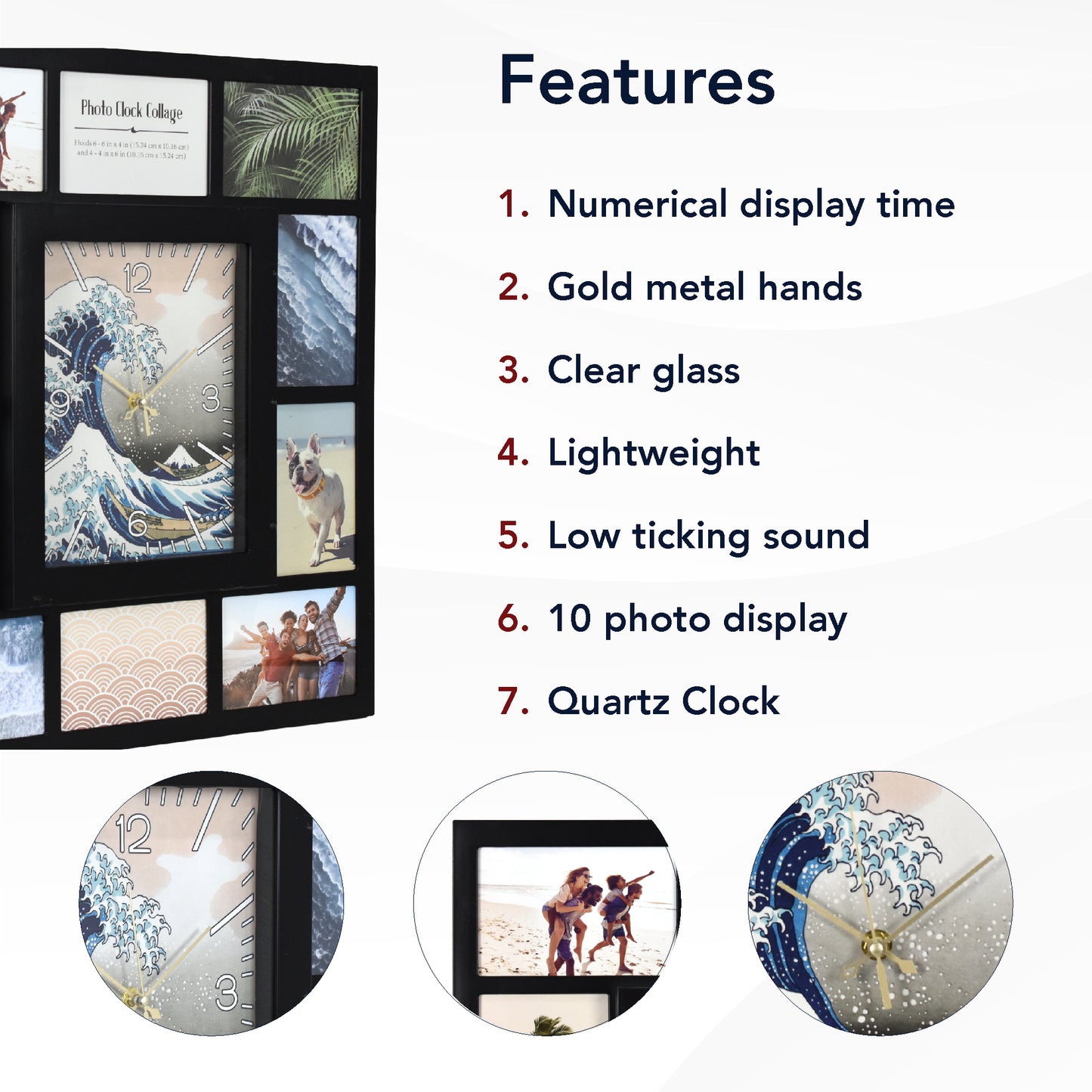 Photo Collage "The Great Wave" Black Wall Clock 21"
