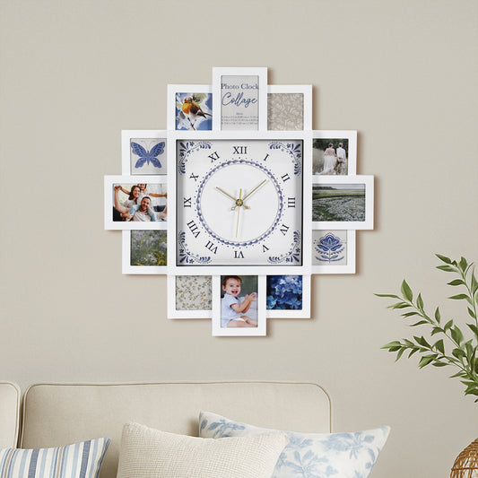 Photo Collage White & Blue Black Wall Clock 20"