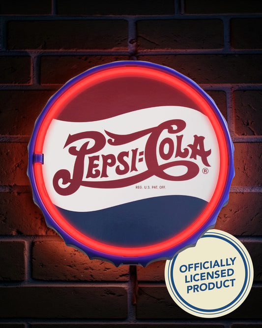Pepsi Cola Round vintage bottle cap LED neon wall sign with classic script soda logo and glowing red light, ideal for man cave, bar, garage, or game room decor display.