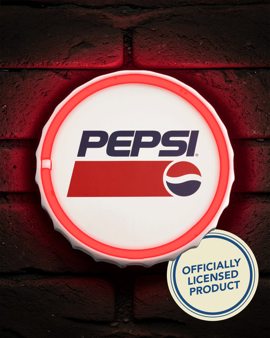 Pepsi Round vintage bottle cap LED neon wall sign with glowing red light and retro soda logo, perfect for man cave, bar, garage, or game room decor setup.