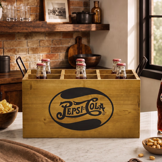 Officially licensed Pepsi-Cola rustic wooden six bottle storage crate with black metal handles and divided compartments displayed as a vintage home bar organizer and decorative beverage carrier.