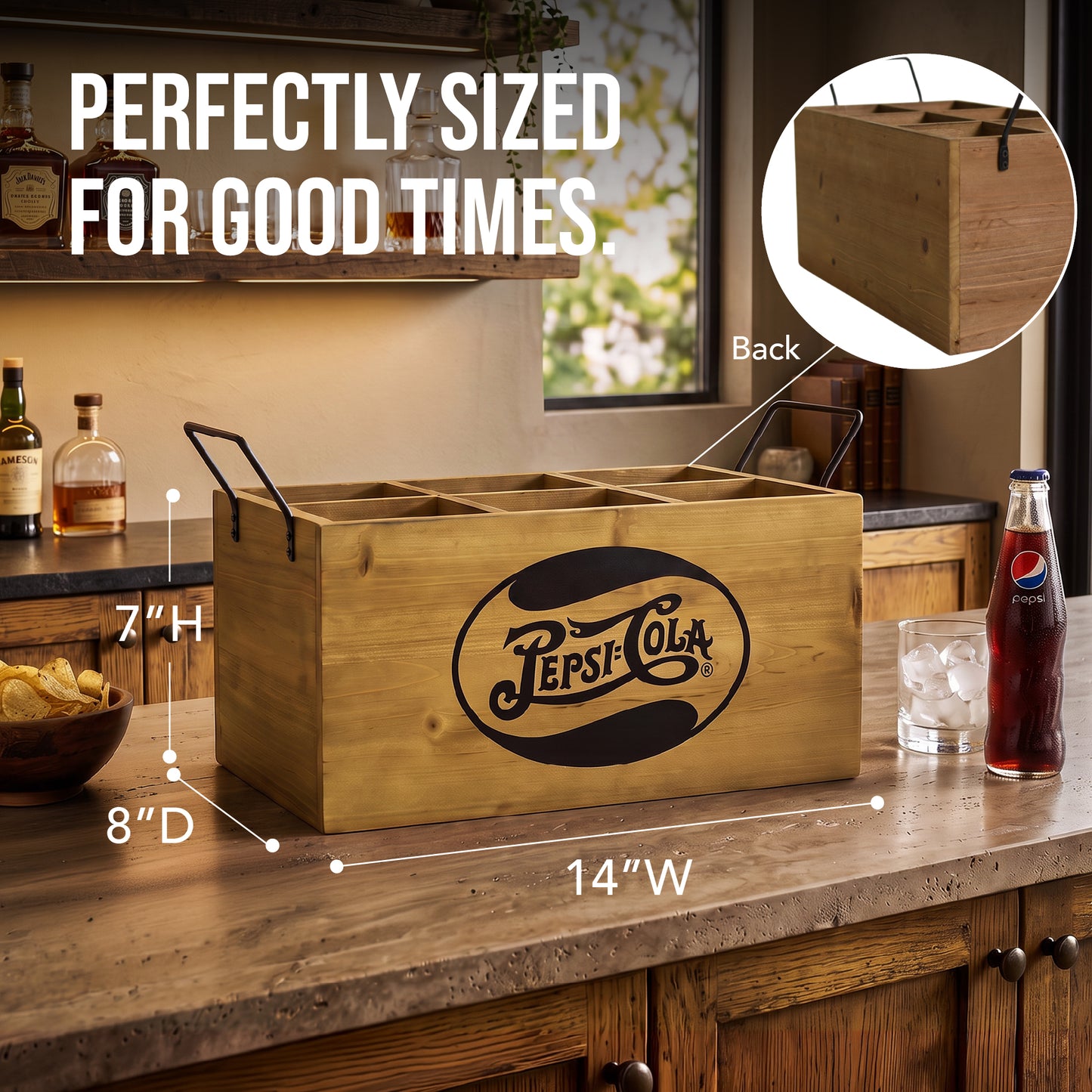 Pepsi-Cola Wooden 6 Bottle Crate Rustic Soda Caddy Storage Box