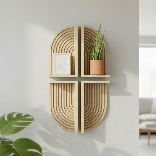 Natural Boho Arched Wood 4 Piece Wall Shelf
