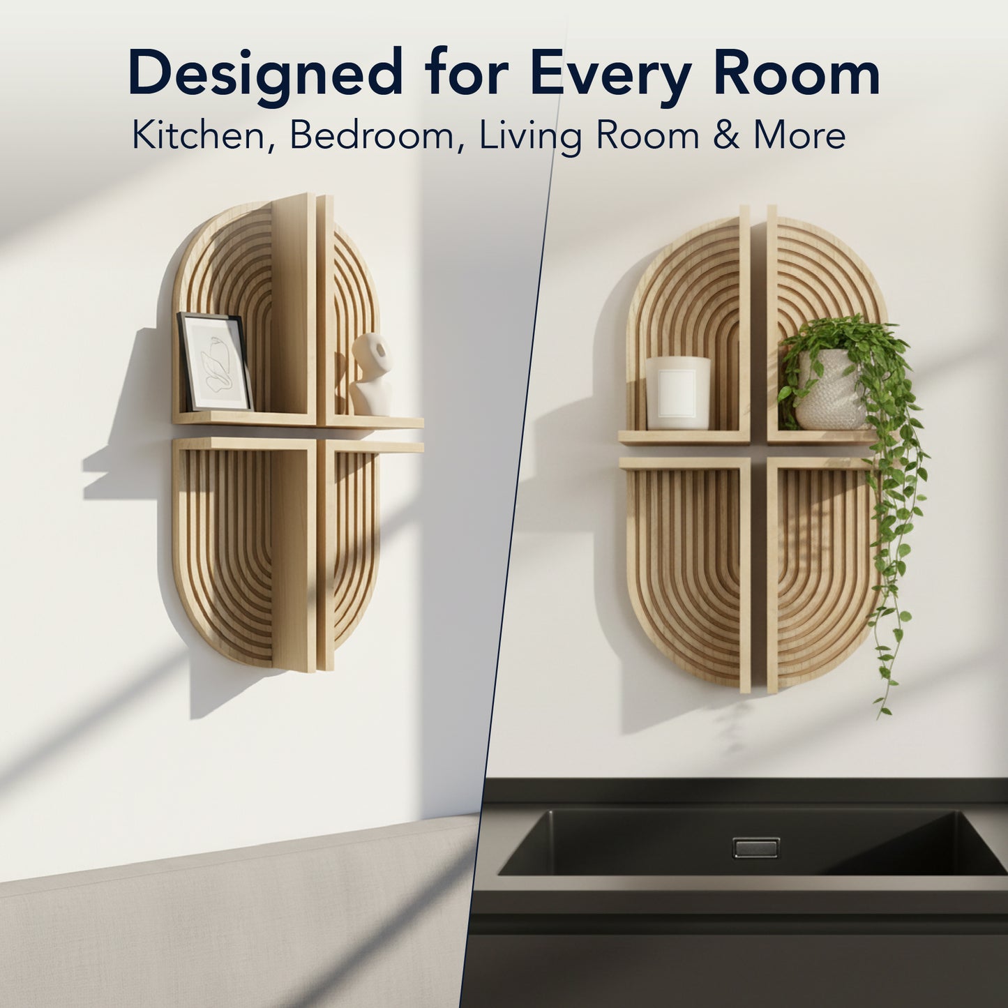 Natural Boho Arched Wood 4 Piece Wall Shelf