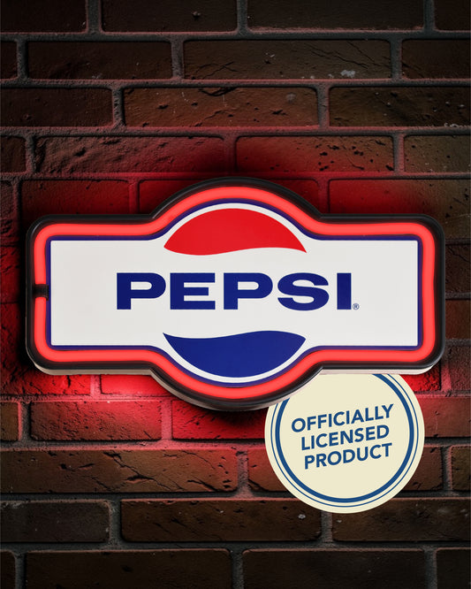 Vintage Pepsi LED neon marquee wall sign with retro soda logo and glowing red rope lighting, perfect for man cave, bar, garage, or game room decor setup.