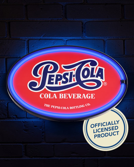 Oval Pepsi Cola LED neon wall sign with vintage script logo and bright blue glowing rope light, ideal for man cave, bar, garage, or game room decor.