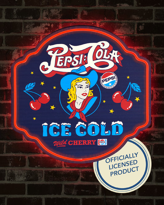 Vintage Pepsi Ice Cold LED wall plaque with retro pin-up design, cherries, and glowing red neon-style lighting, perfect for man cave, bar, garage, or game room decor.