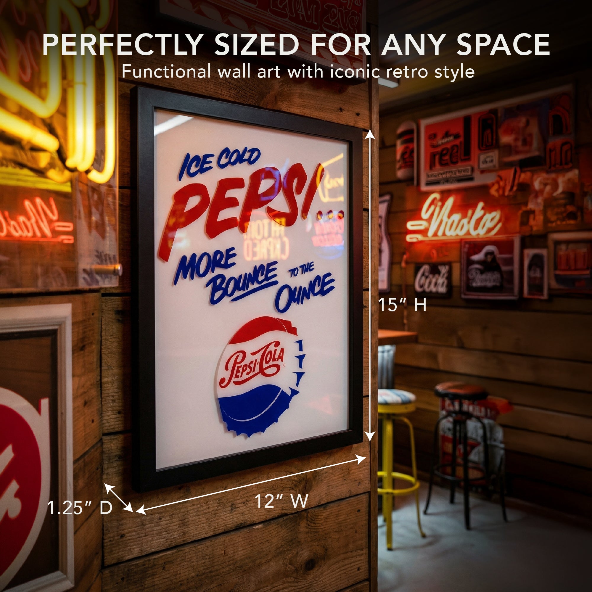 Pepsi-Cola Vintage Bottle Cap Framed Glass Wall Art Decor