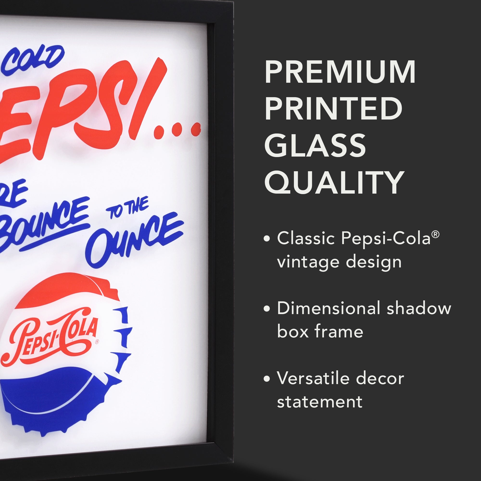Pepsi-Cola Vintage Bottle Cap Framed Glass Wall Art Decor