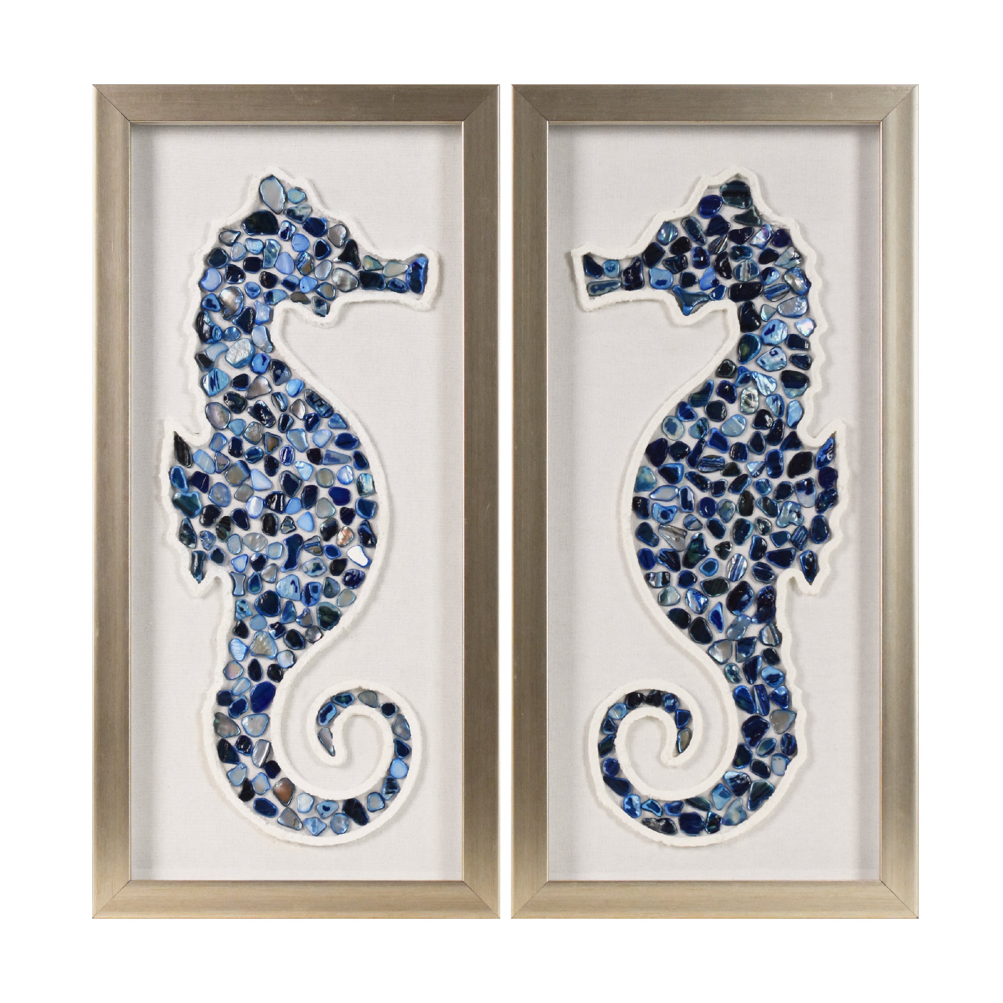 2-pc Sea Glass Shell Seahorse Wall Art Set - Coastal Blue Shadowbox Decor