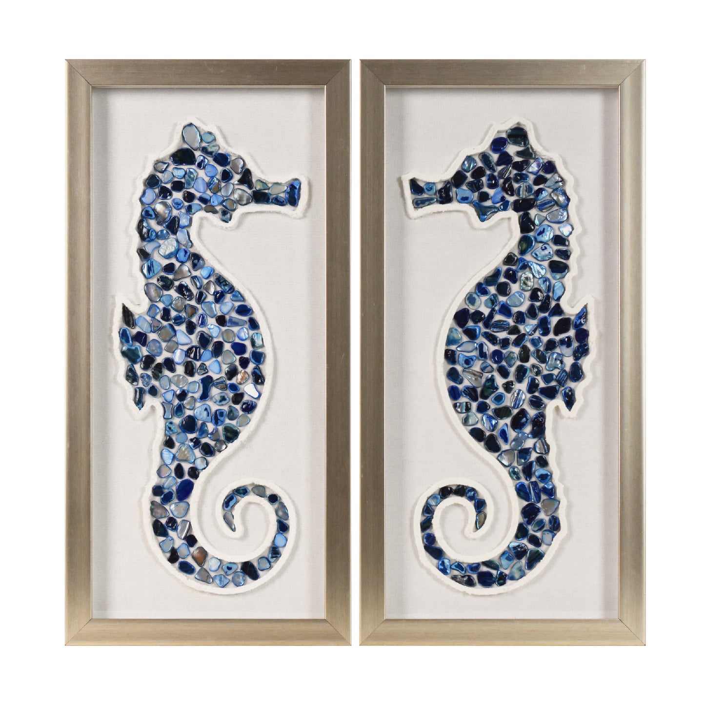 2-pc Sea Glass Shell Seahorse Wall Art Set - Coastal Bluel Shadowbox Decor