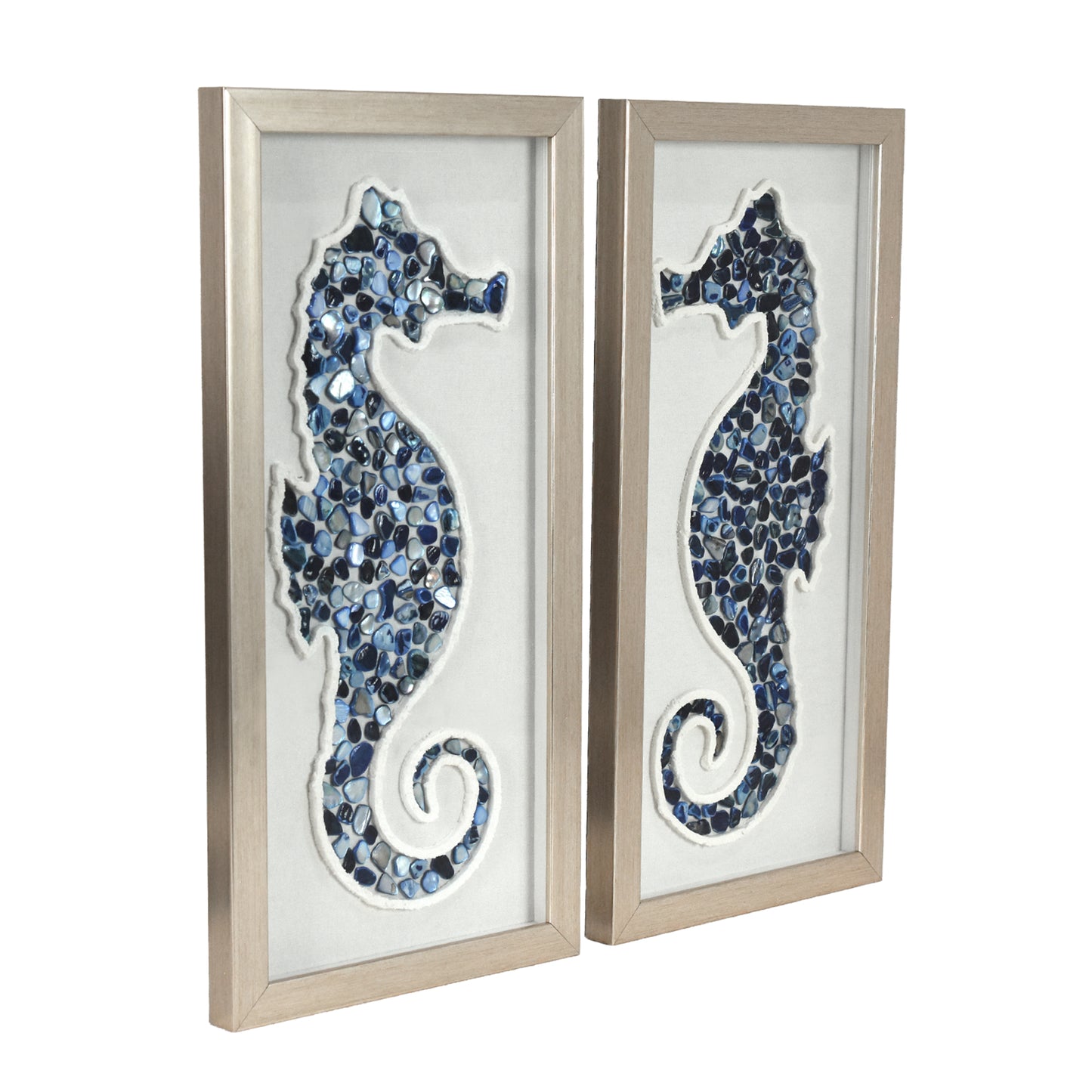 2-pc Sea Glass Shell Seahorse Wall Art Set - Coastal Bluel Shadowbox Decor
