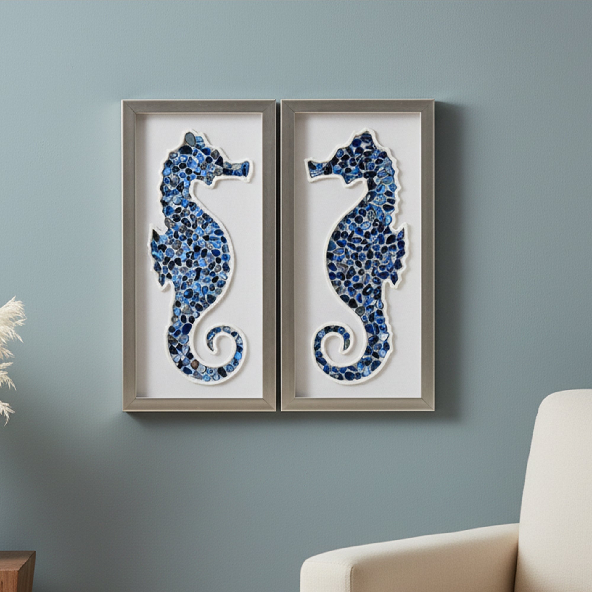 2-pc Sea Glass Shell Seahorse Wall Art Set - Coastal Blue Shadowbox Decor