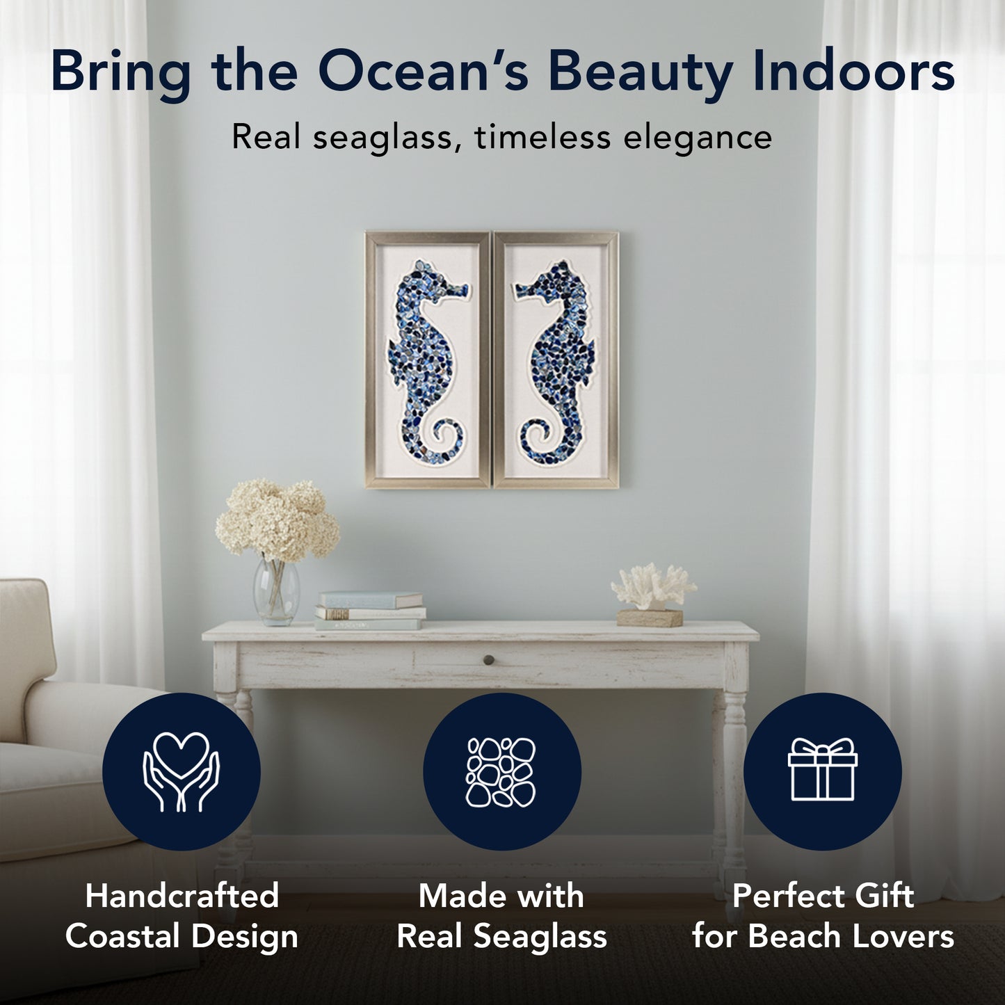 2-pc Sea Glass Shell Seahorse Wall Art Set - Coastal Bluel Shadowbox Decor