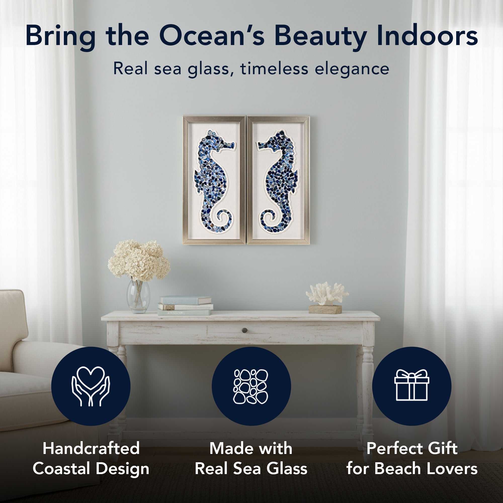 2-pc Sea Glass Shell Seahorse Wall Art Set - Coastal Blue Shadowbox Decor