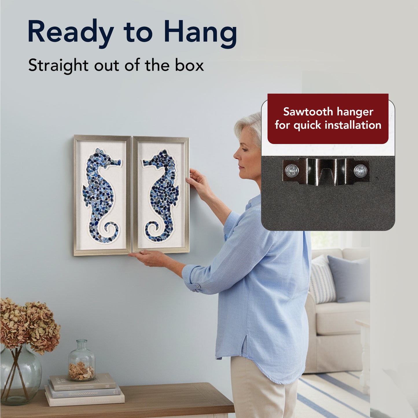 2-pc Sea Glass Shell Seahorse Wall Art Set - Coastal Bluel Shadowbox Decor