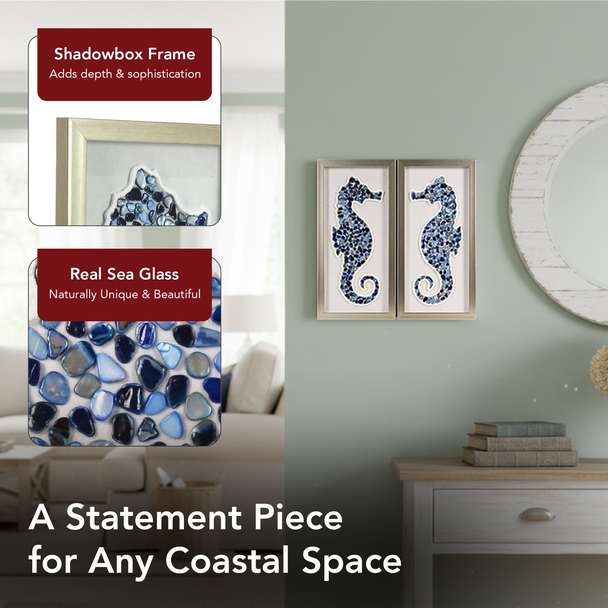 2-pc Sea Glass Shell Seahorse Wall Art Set - Coastal Blue Shadowbox Decor