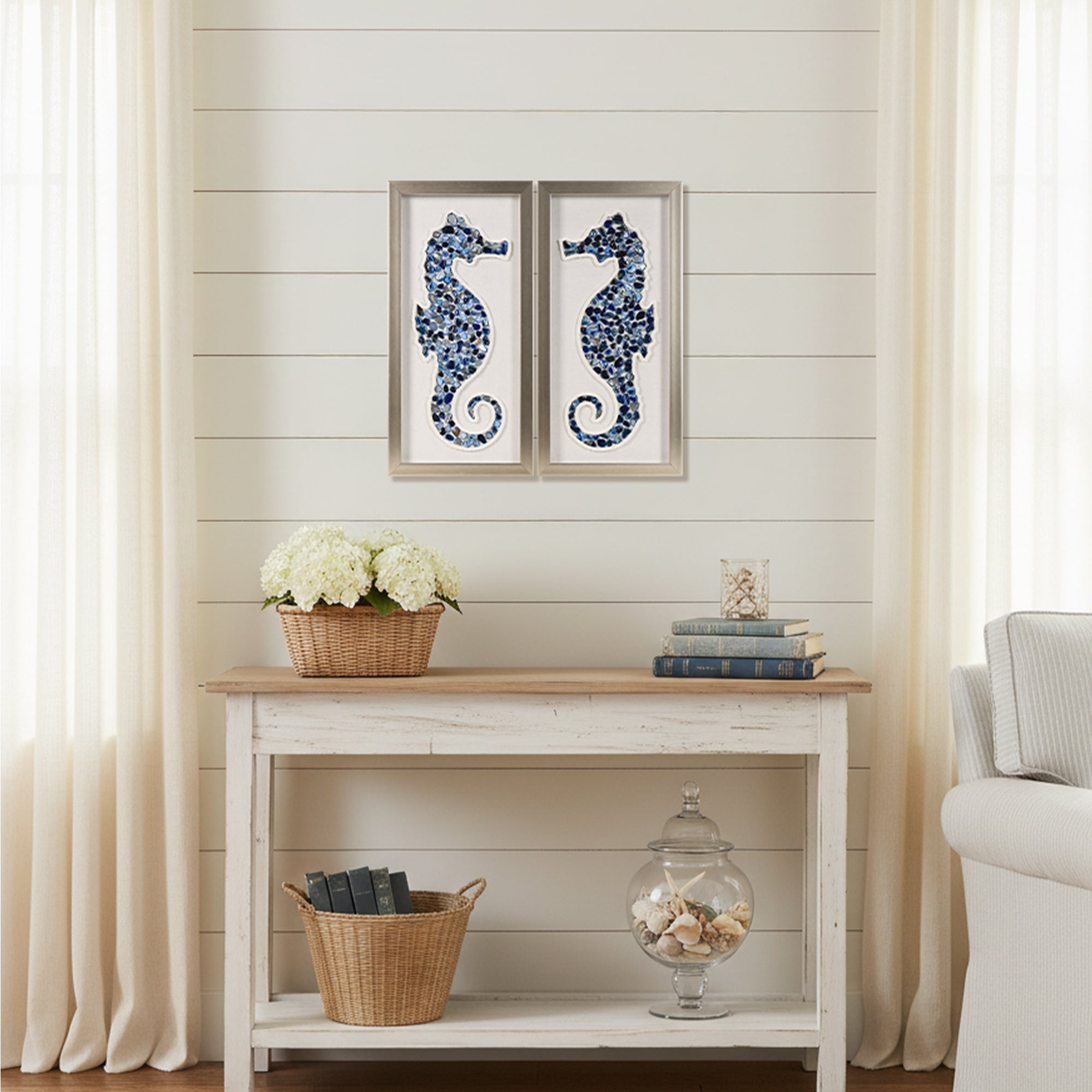 2-pc Sea Glass Shell Seahorse Wall Art Set - Coastal Blue Shadowbox Decor