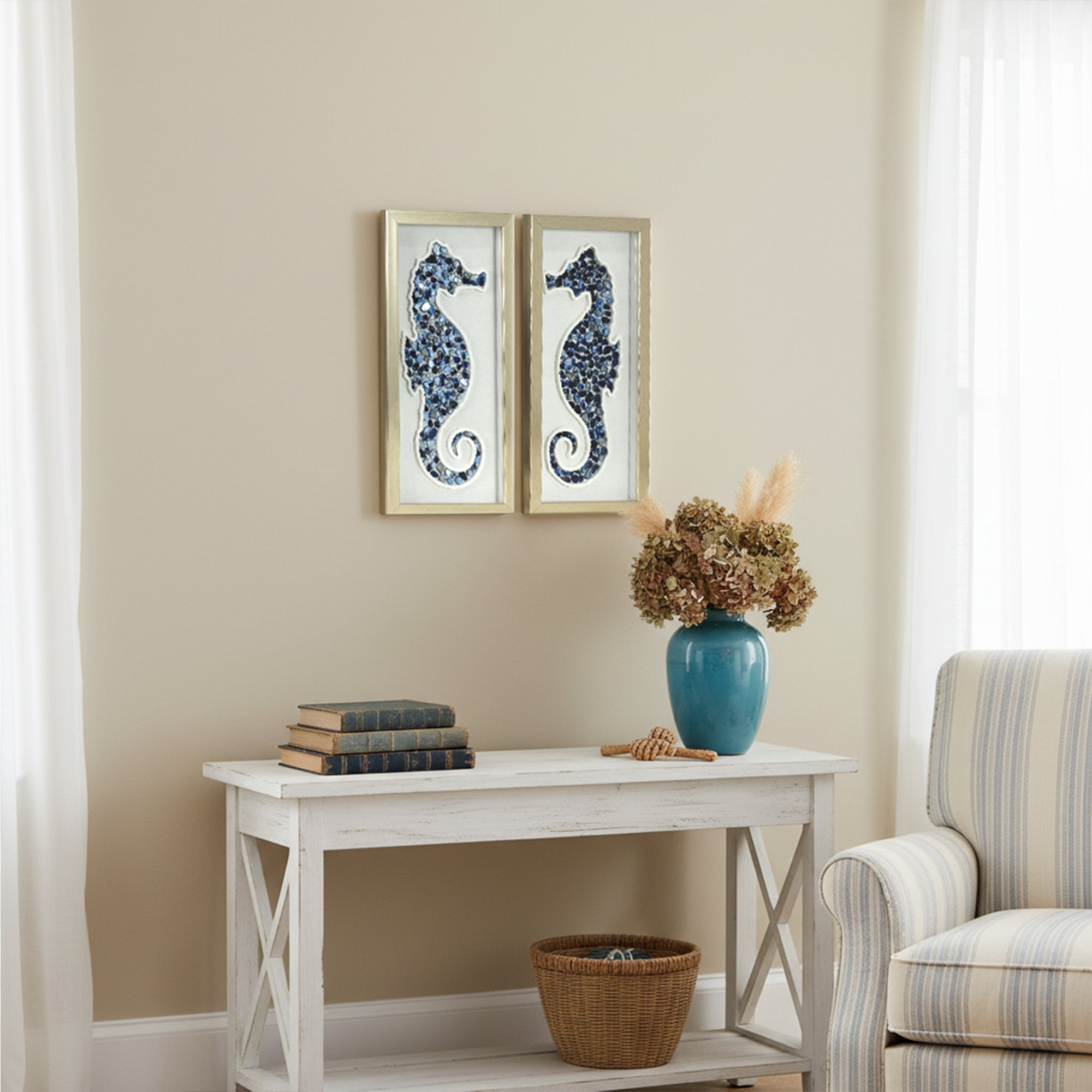 2-pc Sea Glass Shell Seahorse Wall Art Set - Coastal Blue Shadowbox Decor