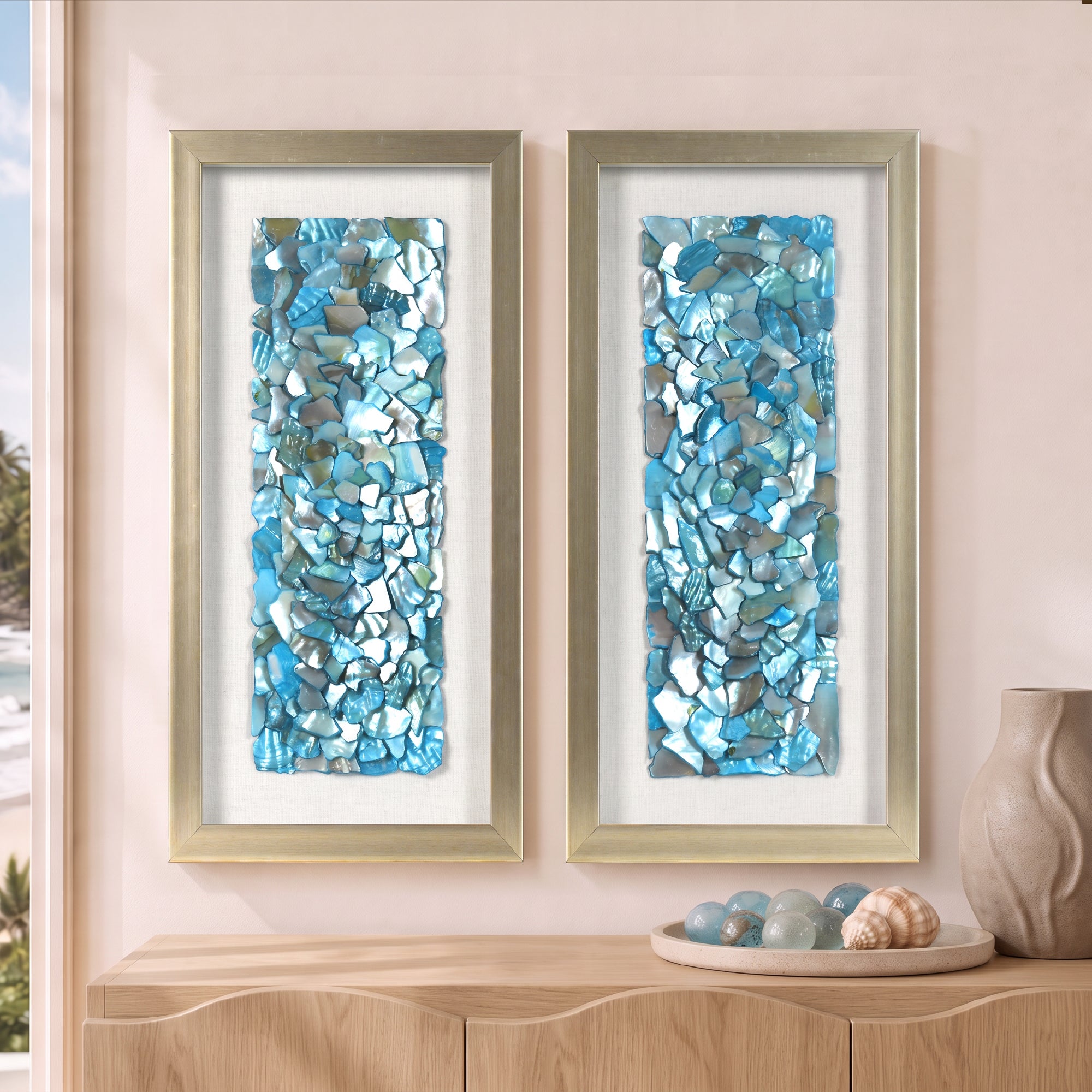 2-pc Sea Glass Shell Wall Art Set - Coastal Aqua & Teal Shadowbox Decor