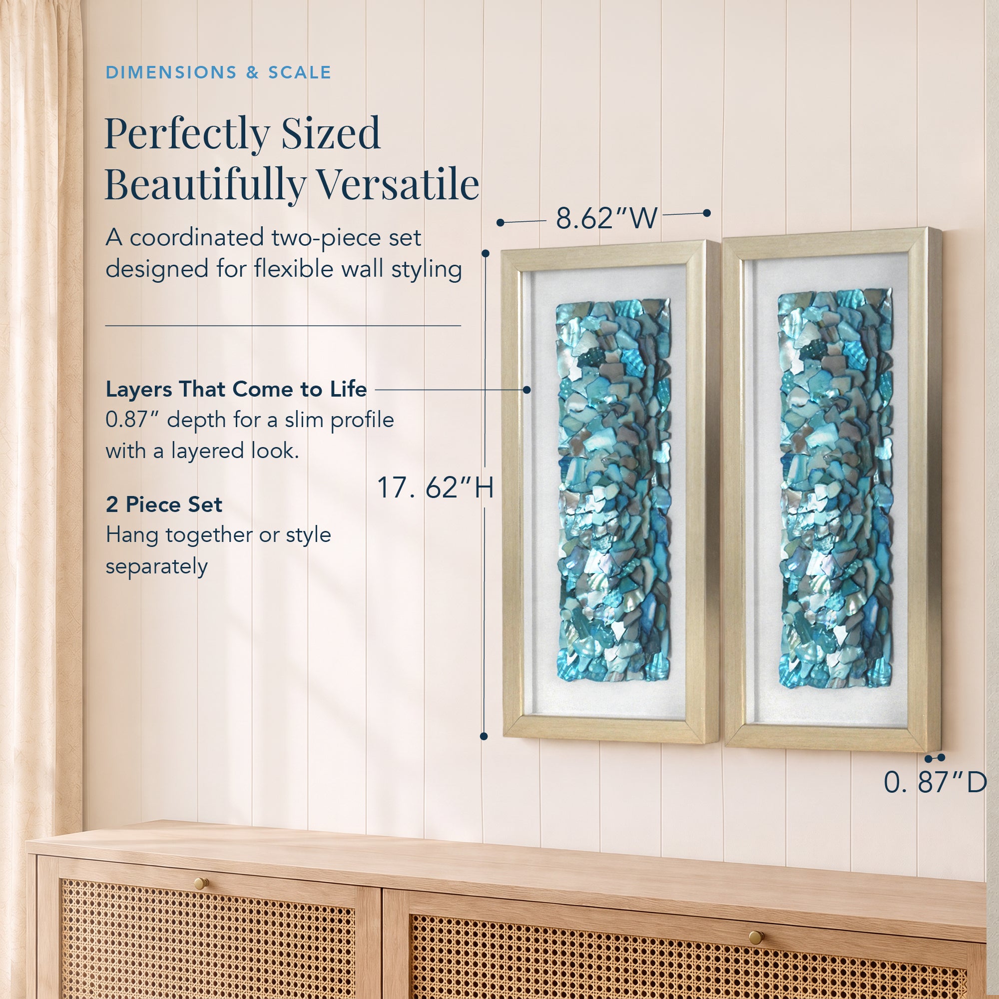 2-pc Sea Glass Shell Wall Art Set - Coastal Aqua & Teal Shadowbox Decor
