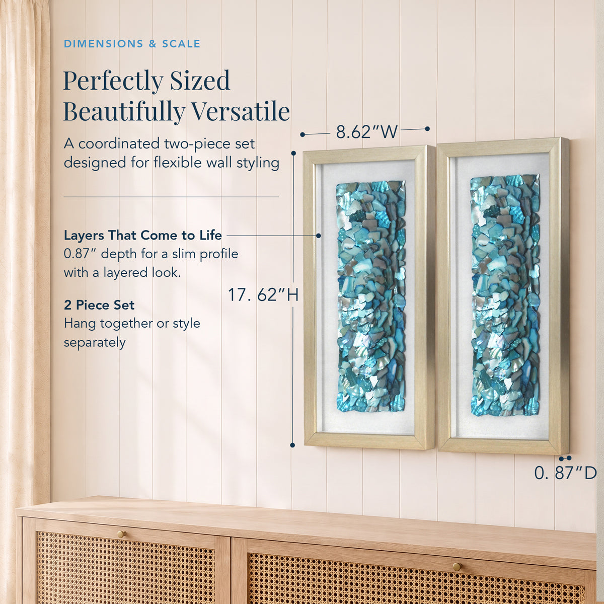 2-pc Sea Glass Shell Wall Art Set - Coastal Aqua & Teal Shadowbox Decor
