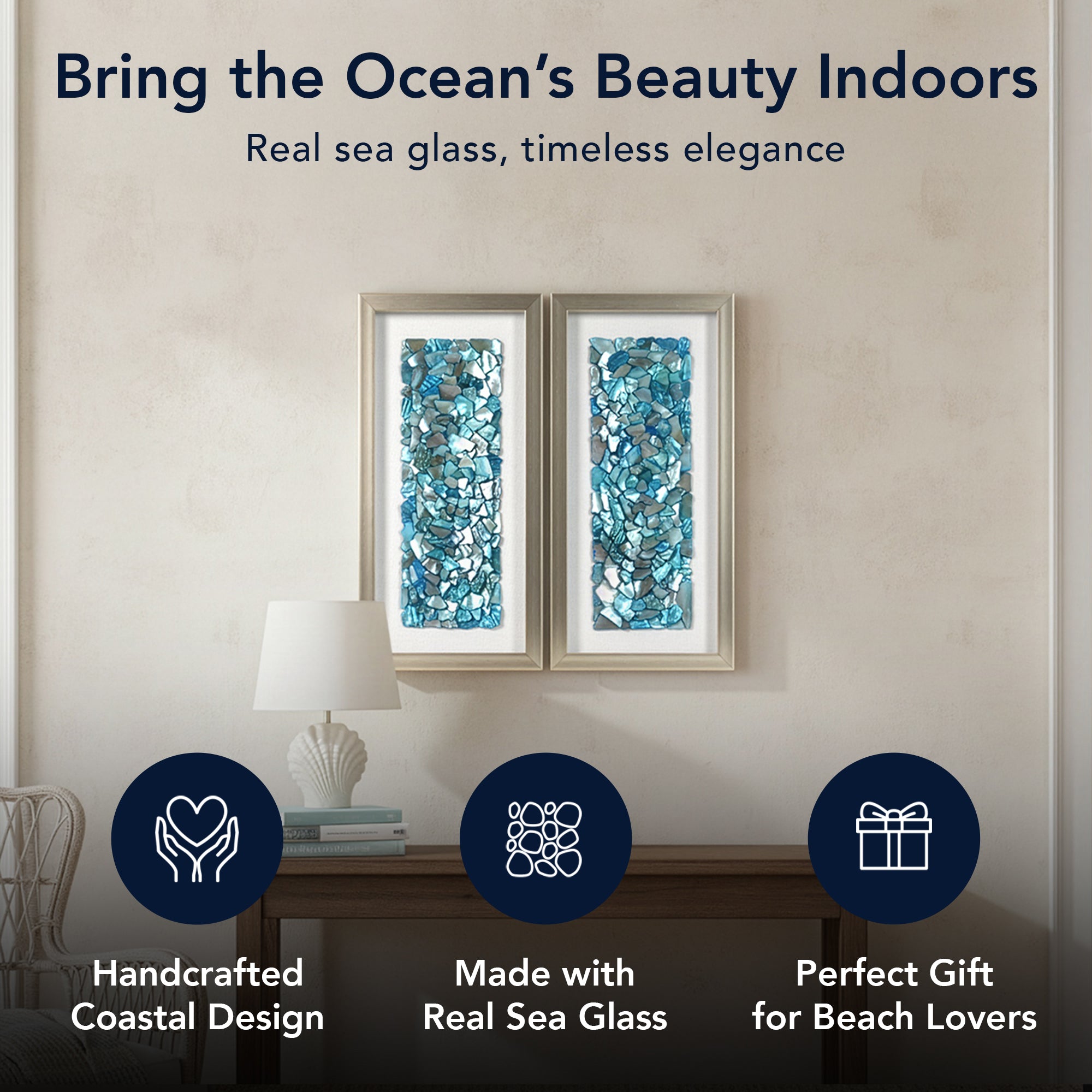 2-pc Sea Glass Shell Wall Art Set - Coastal Aqua & Teal Shadowbox Decor