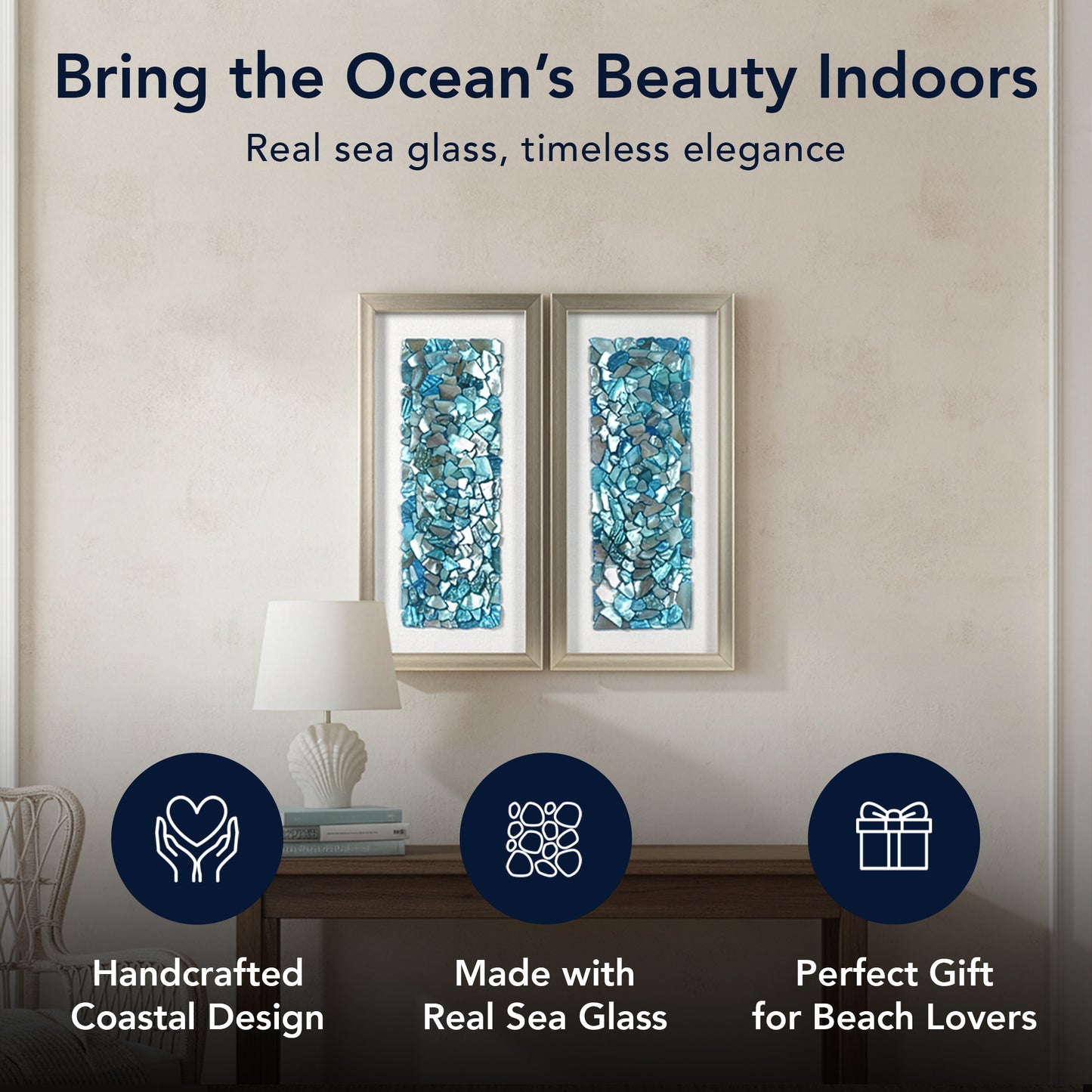 2-pc Sea Glass Shell Wall Art Set - Coastal Aqua & Teal Shadowbox Decor