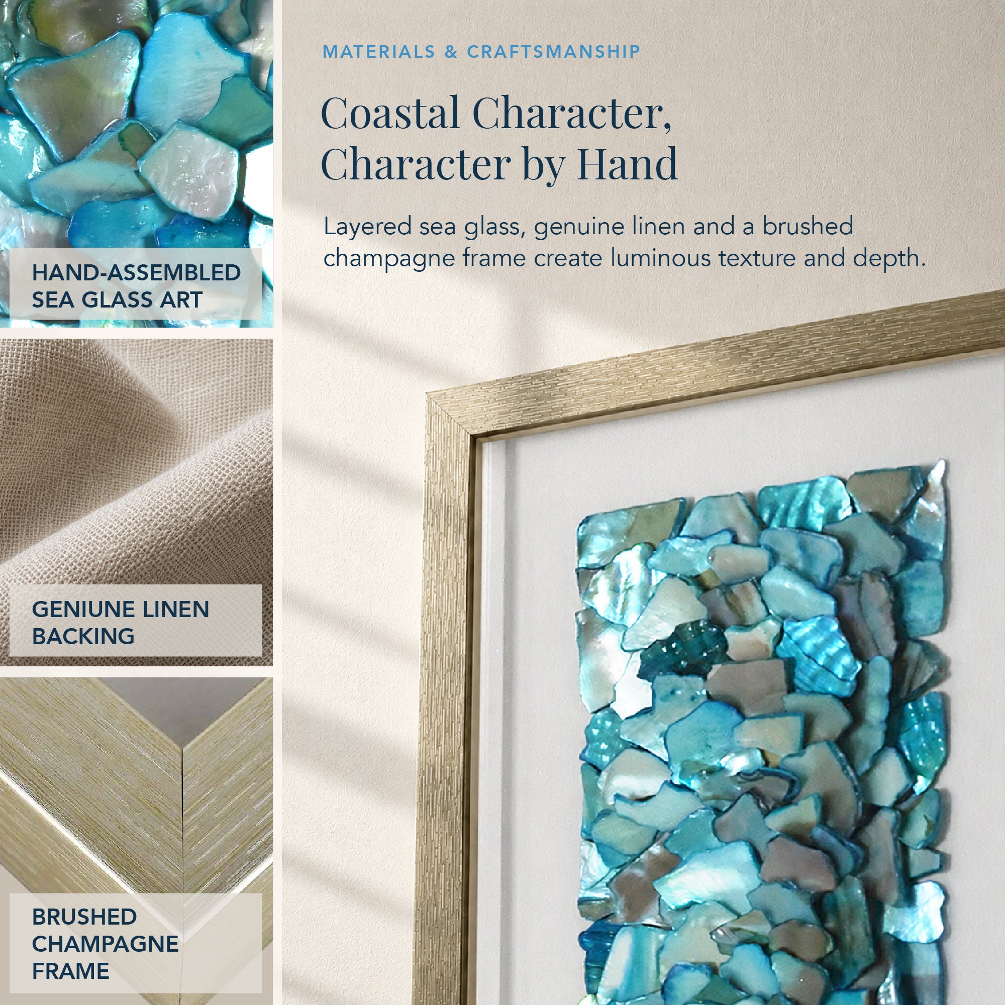 2-pc Sea Glass Shell Wall Art Set - Coastal Aqua & Teal Shadowbox Decor